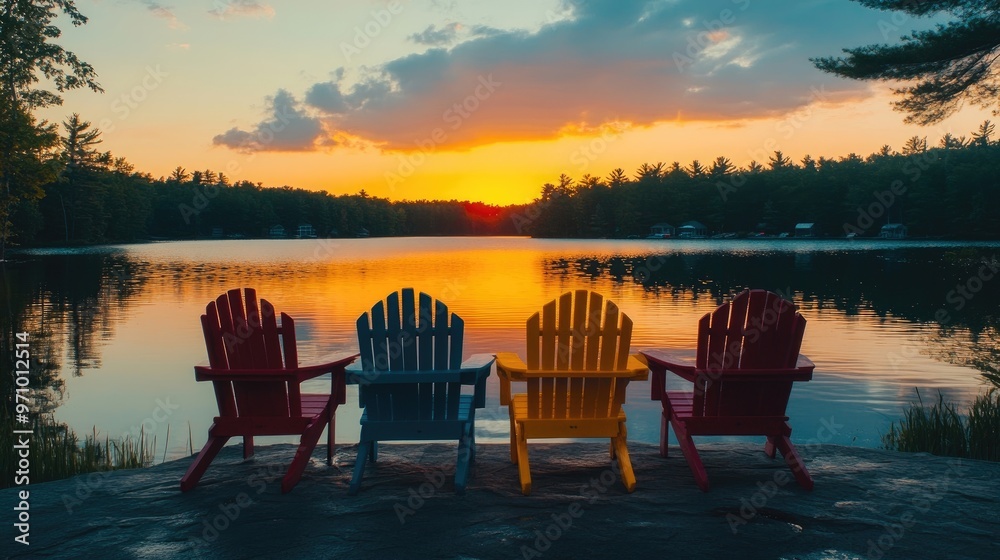 Naklejka premium Colorful Adirondack chairs facing a serene lake at sunset