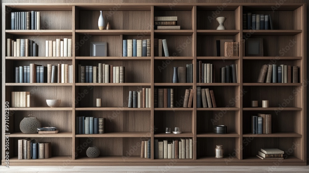 Fototapeta premium Compact bookshelf with staggered shelves and neutral tones