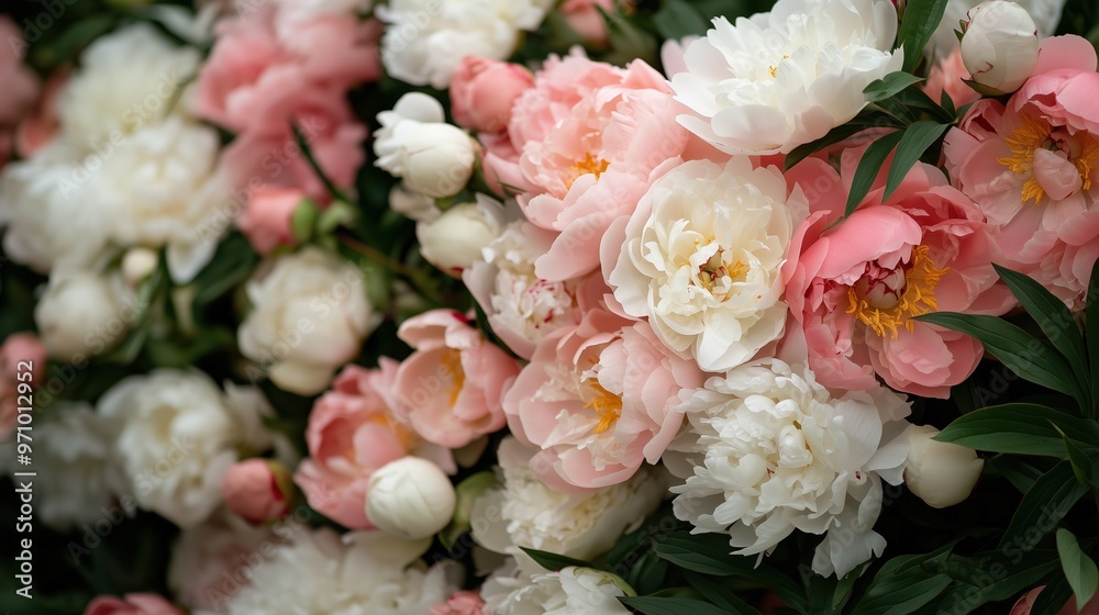 Pink and white peonies wall - spring floral background for design and decor Pink and white peonies wall - spring floral background for design and decor