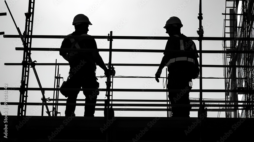 Construction workers collaborating on a new building project. Construction workers collaborating on a new building project.