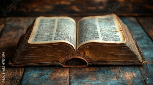 a An open Bible with pages visible, set against a backdrop of soft lighting and wooden textures.