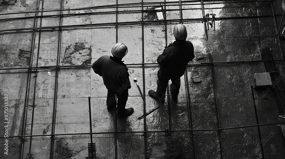 Construction workers collaborating on a new building project. Construction workers collaborating on a new building project.