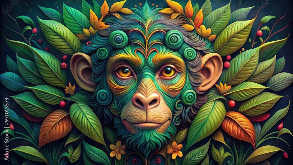 A whimsical illustration of a monkey's face composed of swirling tropical leaves and vines, blending organic and digital elements in a colorful, playful design. A whimsical illustration of a monkey's face composed of swirling tropical leaves and vines, blending organic and digital elements in a colorful, playful design.