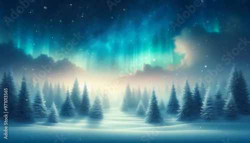 Winter landscape featuring a dense forest of snow covered pine trees under a night sky with stars