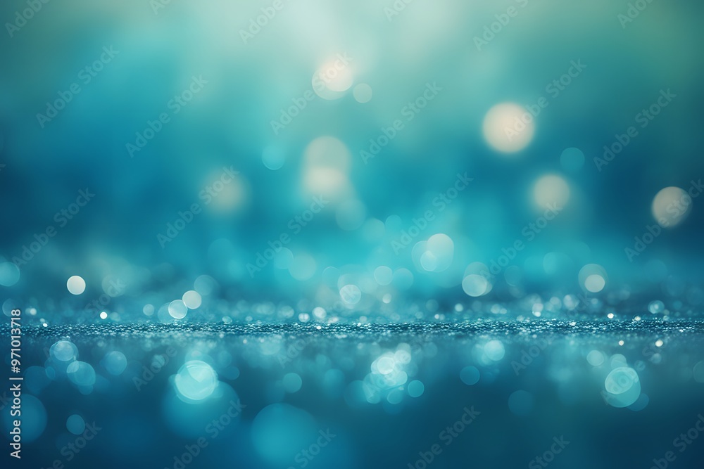 Blue and teal bokeh sparkles floating serenely over an ocean like background, AI Generated Blue and teal bokeh sparkles floating serenely over an ocean like background, AI Generated