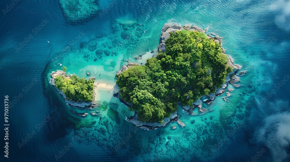 A breathtaking view of two adjacent tropical islands surrounded by pristine, clear blue waters. The islands feature rich vegetation and rocky formations.