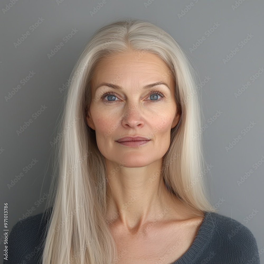 Professional portrait of a woman with long blonde hair for passport or id Professional portrait of a woman with long blonde hair for passport or id