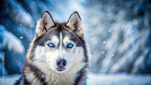 Majestic Siberian Husky dog with striking blue eyes in a snowy landscape, sled dog, fluffy coat, winter