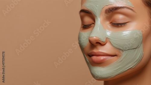 Revitalizing skincare routine: serene woman with clay facial mask for glowing skin