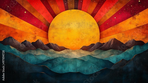 this Sunburst retro vibes graphic print with a groovy 60s-70s background, featuring vibrant colors and patterns. photo