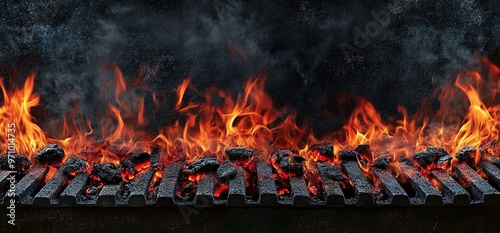 Barbecue background with flames, black grills, and red embers.