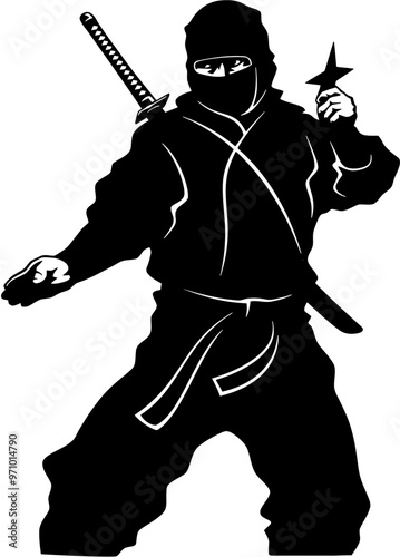 Ninjutsu fighter. Ninja, Japanese wrestler. Japan martial art. Asian warrior in mask, wrestling pose, stance, defending position, posture. vector illustration isolated on white background