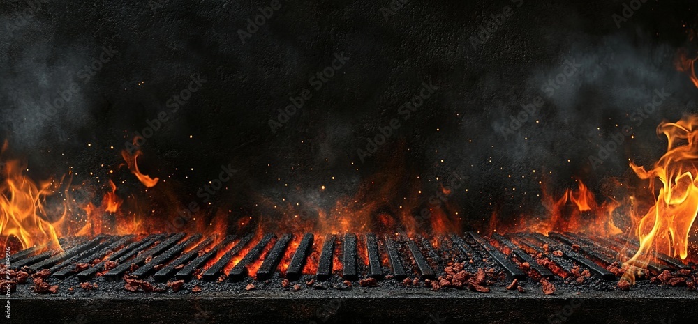 Barbecue background with flames, black grills, and red embers. Barbecue background with flames, black grills, and red embers.
