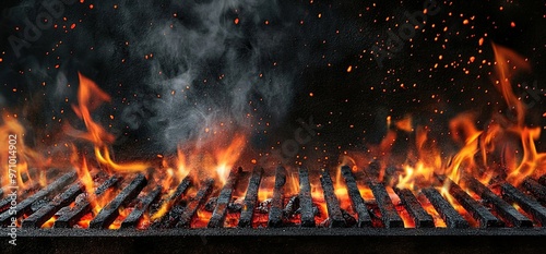 Barbecue background with flames, black grills, and red embers.