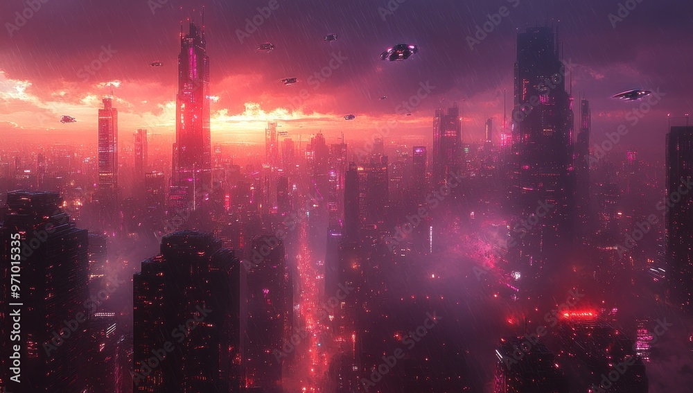 Futuristic Cityscape with Flying Ships at Sunset Futuristic Cityscape with Flying Ships at Sunset