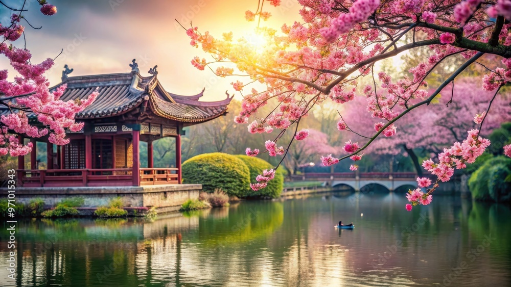 Blossoming sakura tree with ancient Chinese herbs and beautiful birds in a tranquil garden setting, ancient, Chinese, herbs Blossoming sakura tree with ancient Chinese herbs and beautiful birds in a tranquil garden setting, ancient, Chinese, herbs