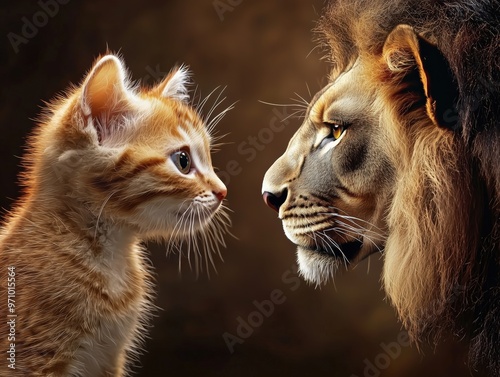 Self-reflection concept: kitten imagines transformation into majestic lion photo