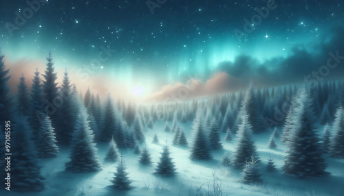 Winter landscape featuring a dense forest of snow covered pine trees under a night sky with stars