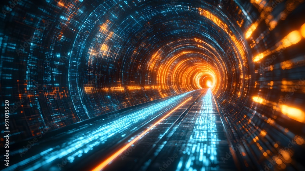 A futuristic digital tunnel with neon light trails and data streams, emphasizing a high-tech cyberspace visualization with dynamic motion blur and glowing effects. A futuristic digital tunnel with neon light trails and data streams, emphasizing a high-tech cyberspace visualization with dynamic motion blur and glowing effects.
