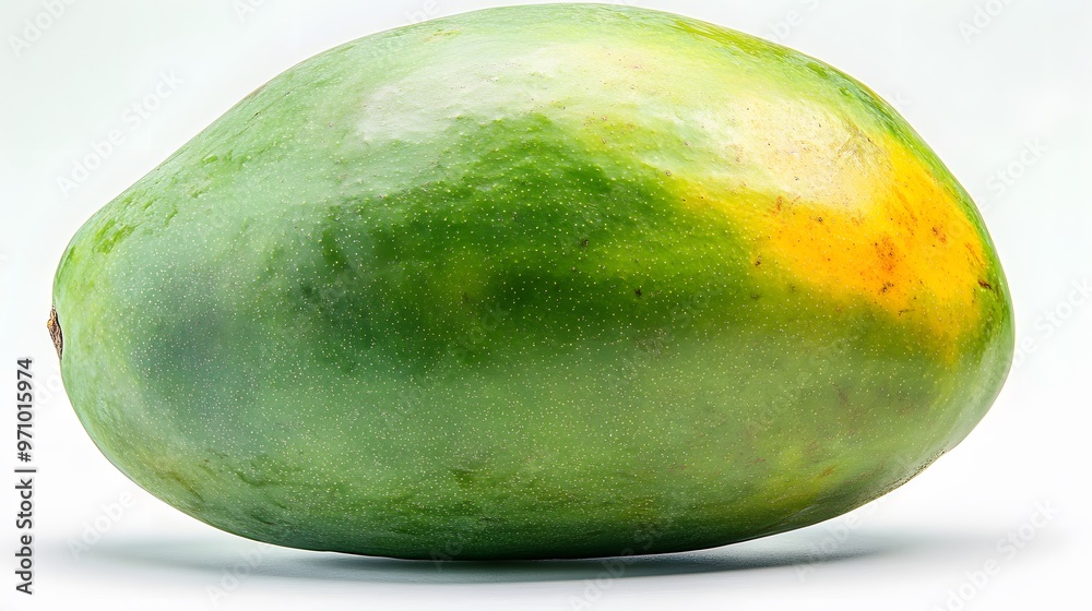 A vibrant green mango isolated on a white background, highlighting its smooth skin texture and gradient colors under focused studio lighting for high-definition fruit photography. A vibrant green mango isolated on a white background, highlighting its smooth skin texture and gradient colors under focused studio lighting for high-definition fruit photography.