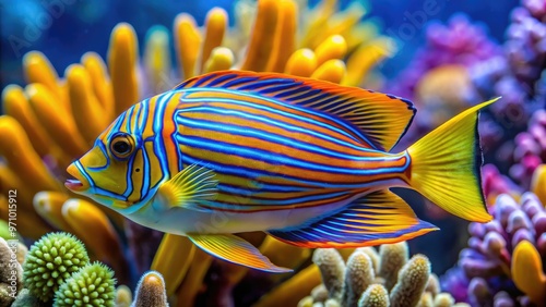 Brightly colored, striped fish with yellow and blue fins, swimming in a vibrant coral reef, showcasing its distinctive markings and flowing fins in the current.