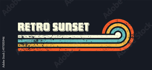 Grunge horizontal vintage sunsets. Various colorful striped sunrise badges in 80s and 90s style. Sun and ocean view, summer vibes, surfing. Design element, print, logo or t-shirt. Vector illustration