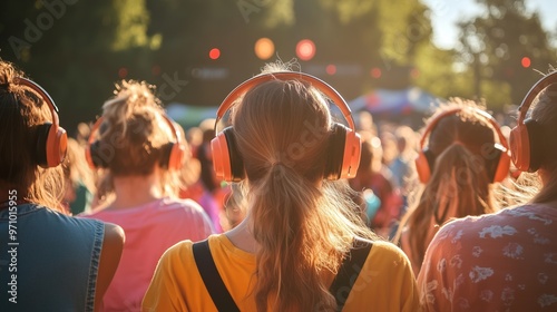 Festival goers enjoying a silent disco at a summer music festival photo