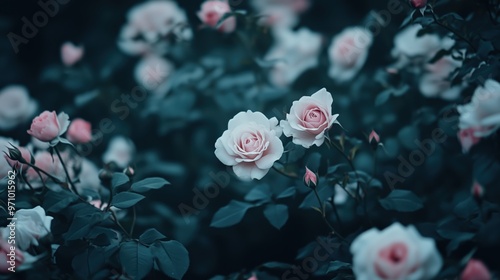 Fototapeta Naklejka Na Ścianę i Meble -  Serene pink roses in dimly lit garden for romantic floral design