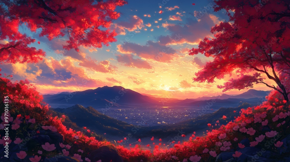 Bright sunset with mountain landscape and flowers Bright sunset with mountain landscape and flowers