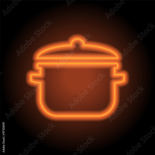 Pot simple icon vector. Flat design. Orange neon on black background