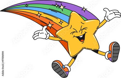 Groovy retro space character, star with rainbow tail and twinkles, cartoon vector emoji. Funny comic groovy galaxy star with funky face and happy smile with twinkle shines on rainbow sparkles