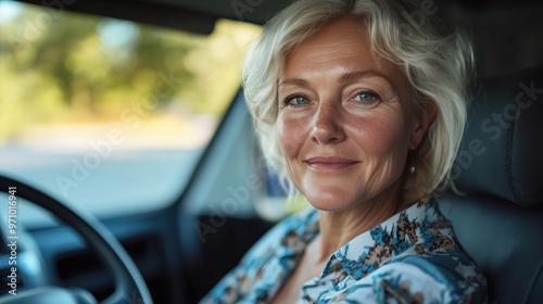 Smiling mature woman enjoying a drive on a sunny day