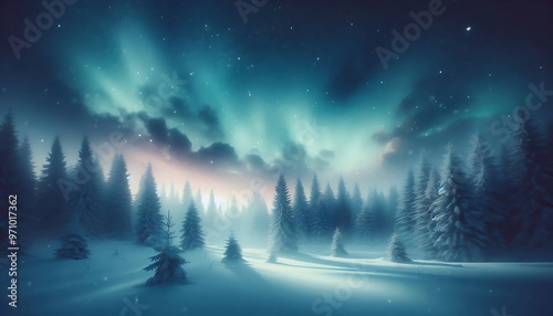 Winter landscape featuring a dense forest of snow covered pine trees under a night sky with stars