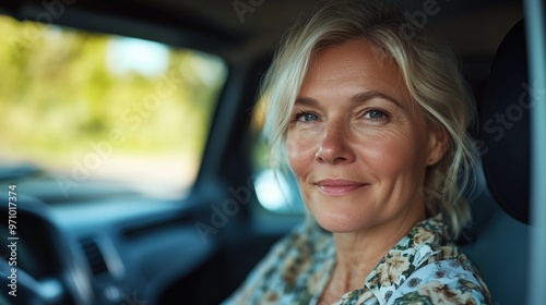 Smiling senior woman enjoys road trip in car on a sunny day