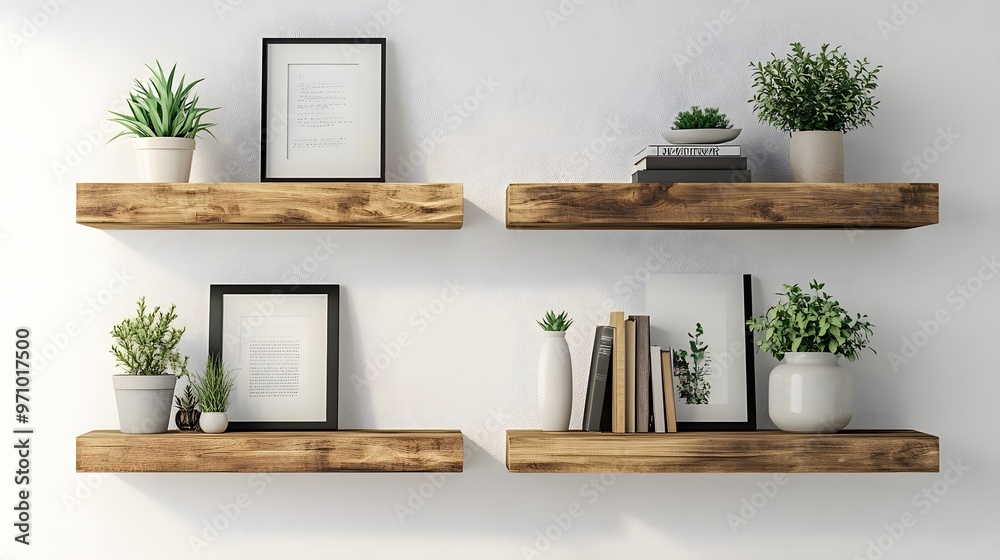 Floating wooden shelves mounted on a textured white wall display ...