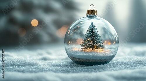 the Christmas glass ornament featuring a small tree inside, set against a snowy winter background for a festive feel.