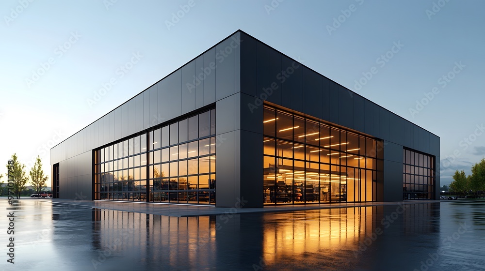 Obraz premium A modern industrial building with a dark gray exterior and floor-to-ceiling windows, reflecting a clear sunny day and minimalist architectural lines for a striking visual.