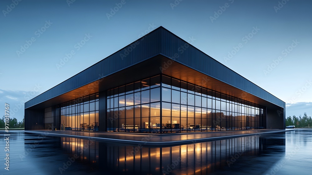 A modern industrial building with a dark gray exterior and floor-to-ceiling windows, reflecting a clear sunny day and minimalist architectural lines for a striking visual. A modern industrial building with a dark gray exterior and floor-to-ceiling windows, reflecting a clear sunny day and minimalist architectural lines for a striking visual.