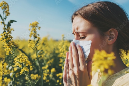 Spring allergies in bloom: woman sneezing amidst vibrant rapeseed field photo