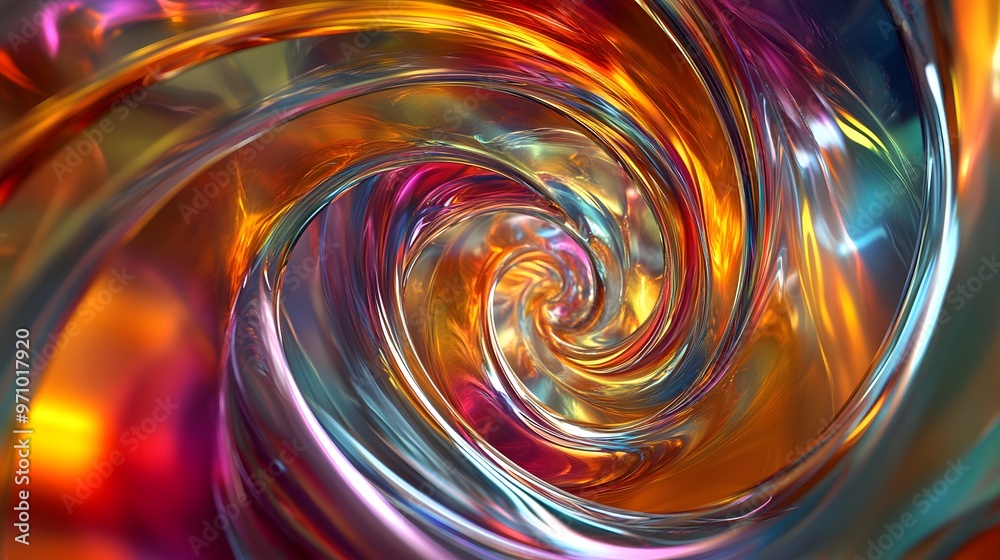 A swirling abstract composition featuring translucent, multicolored ribbons in a spiral form A swirling abstract composition featuring translucent, multicolored ribbons in a spiral form