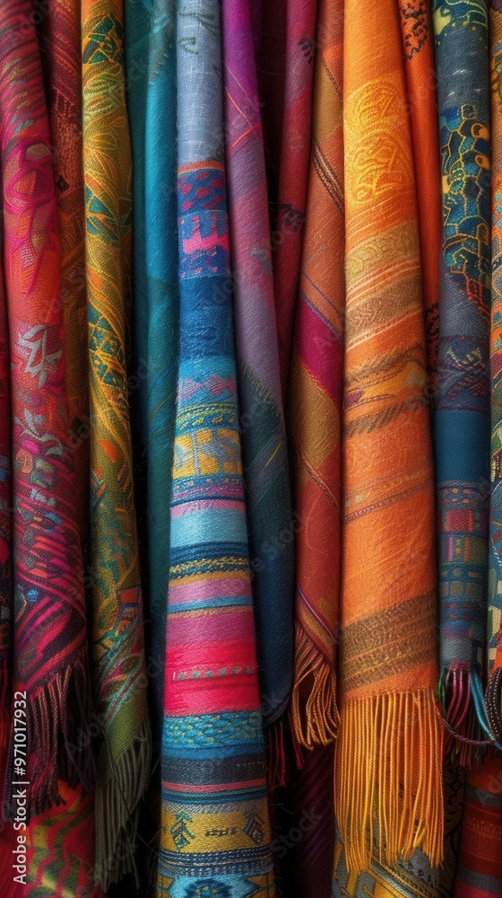 Bird's-eye perspective of a collection of colorful statement earrings, arranged in rows, ample space for copy