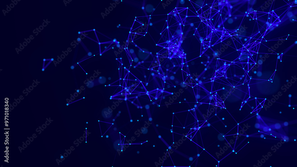 Blue abstract background with connection lines, dots and triangles. Technology network connection. Digital structure of particles. 3D rendering. Blue abstract background with connection lines, dots and triangles. Technology network connection. Digital structure of particles. 3D rendering.