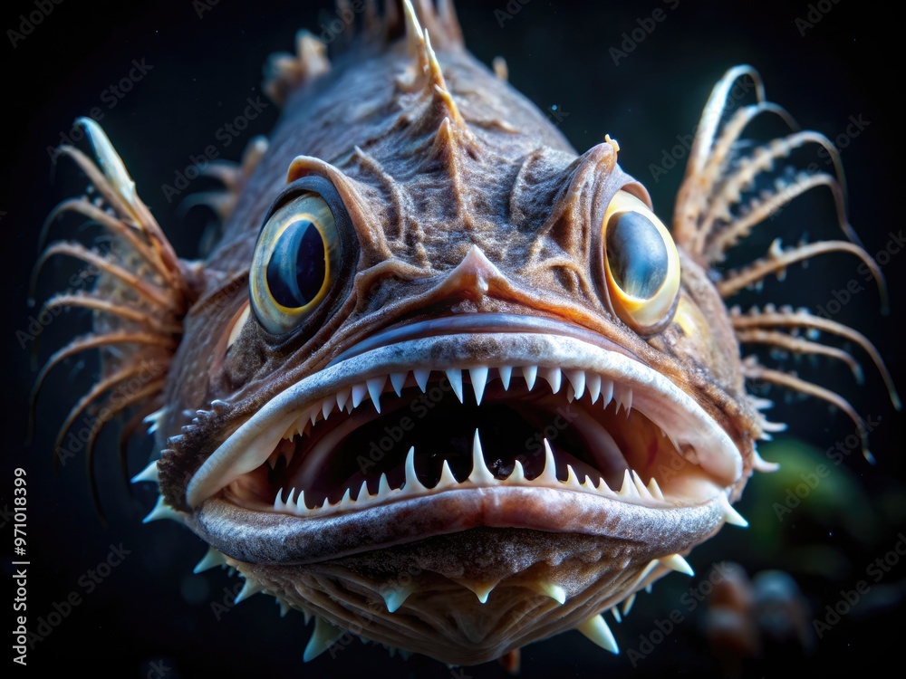 Close-up of angler fish's distinctive jaws, revealing rows of sharp, pointed teeth, perfect for capturing prey in dark, deep-sea environments. Close-up of angler fish's distinctive jaws, revealing rows of sharp, pointed teeth, perfect for capturing prey in dark, deep-sea environments.