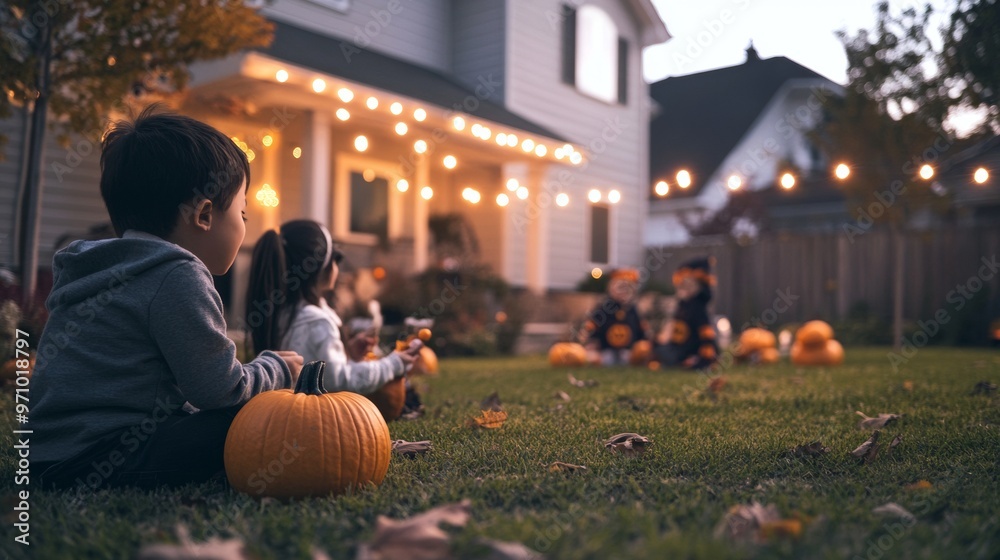 Fototapeta premium Halloween backyard party with family and friends glowing pumpkins