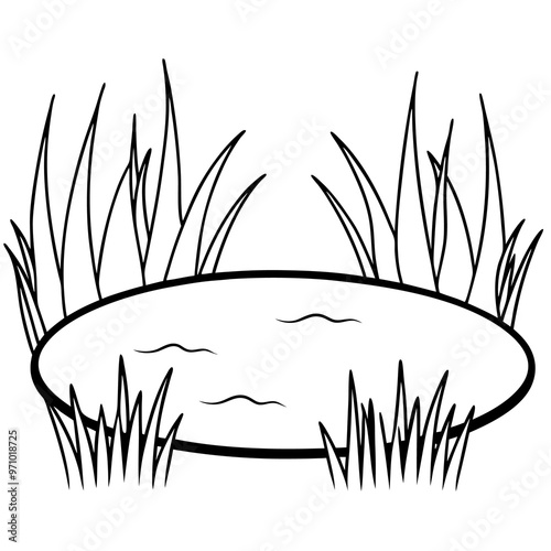 pond with grass outline coloring book page line art drawing