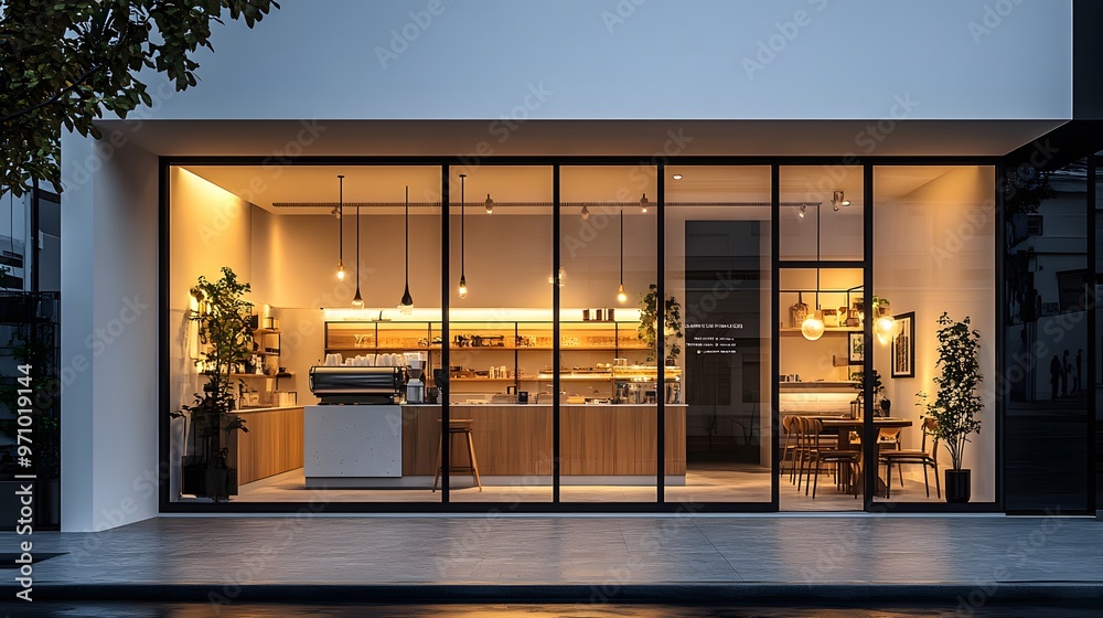 A modern storefront with large glass windows and warm interior lighting ...