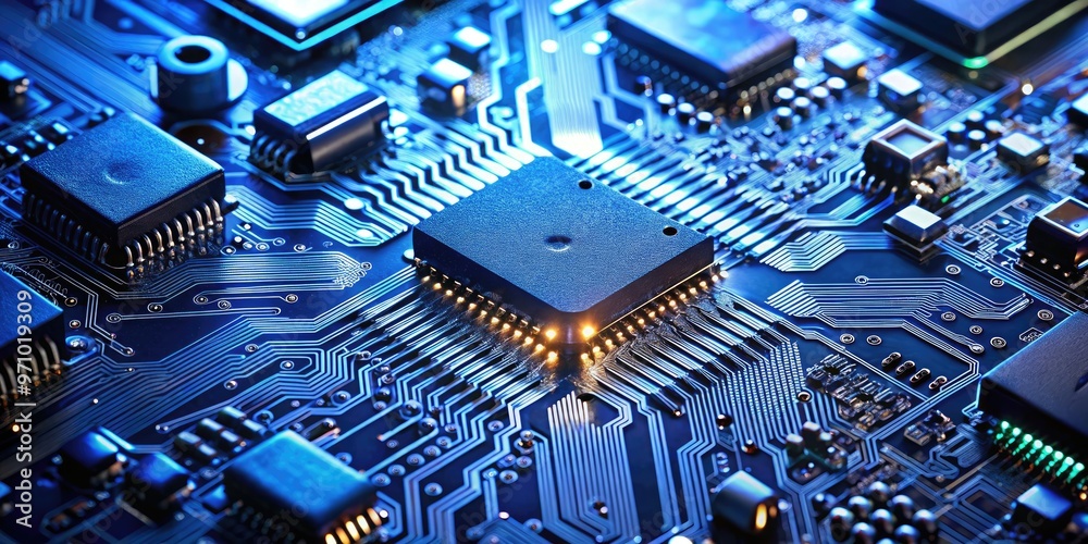 Close-up of intricate electronic circuit board with microchips, wires, and capacitors, illuminated by a soft blue light, against a dark background, highlighting complexity. Close-up of intricate electronic circuit board with microchips, wires, and capacitors, illuminated by a soft blue light, against a dark background, highlighting complexity.