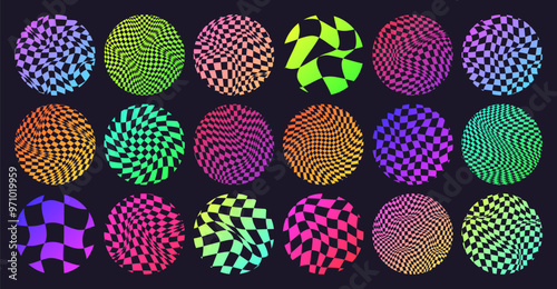 Groovy checkered pattern, neon round tiled grid. Vintage wavy curved backdrop, distortion effect. Funky geometric chessboard texture, retro background in 90s style, y2k. Vector illustration