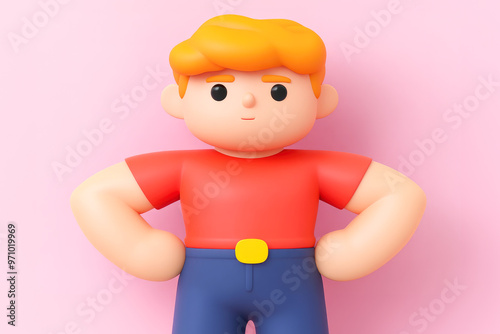 A cartoon boy with blond hair stands confidently with hands on hips, cheerful expression on pink background.