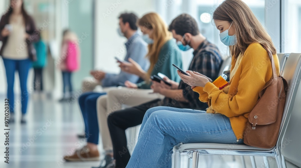 Fototapeta premium A group of patients sitting in a sterile clinic waiting room